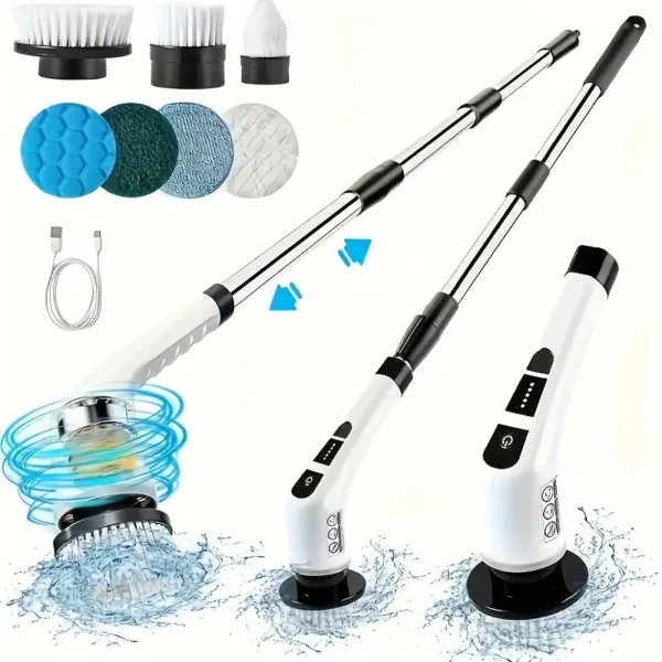 7-in-1 Electric Cleaning Brush, "Press and Hold the Power Button to Start", Cordless Rotating Floor Scrubber with Replaceable Heads, 7 Attachments & Adjustable Telescopic Handle for Floors/Bathrooms